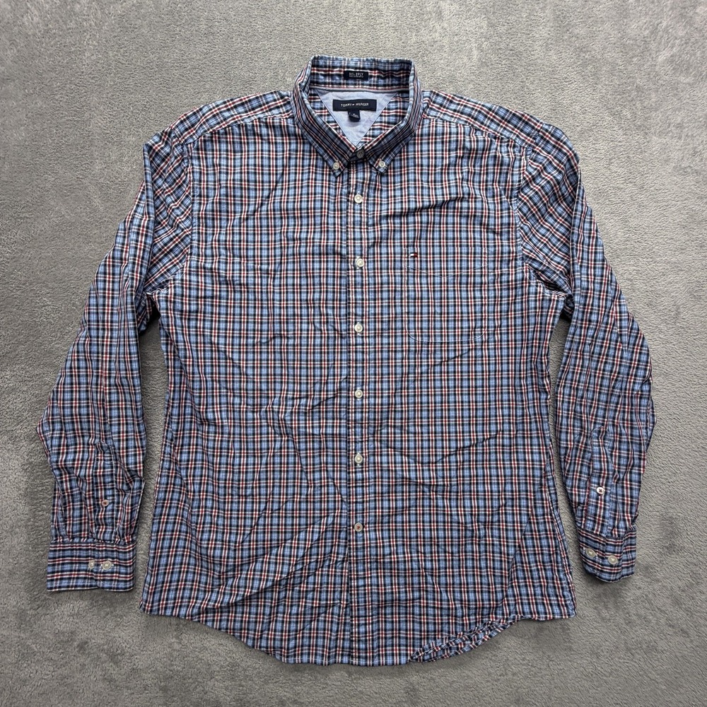 Tommy Hilfiger Shirt Mens XL Blue Plaid Long Sleeve‎ Button Up Classic Fit